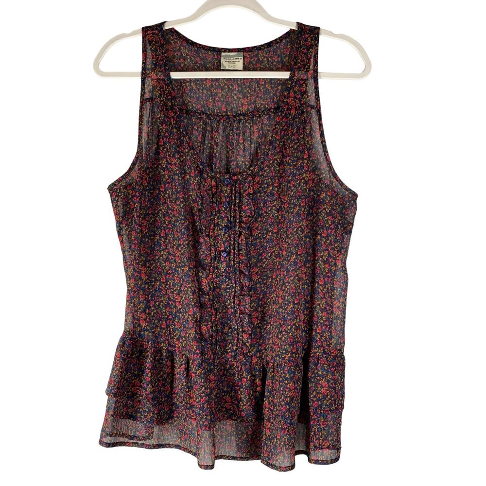 Sheer Floral Sleeveless Blouse Ruffles Inked & Faded Womens Size Large